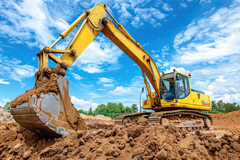 Excavator at Construction Site Under Blue Sky. Heavy Equipment M scavi e sbancamenti a parma